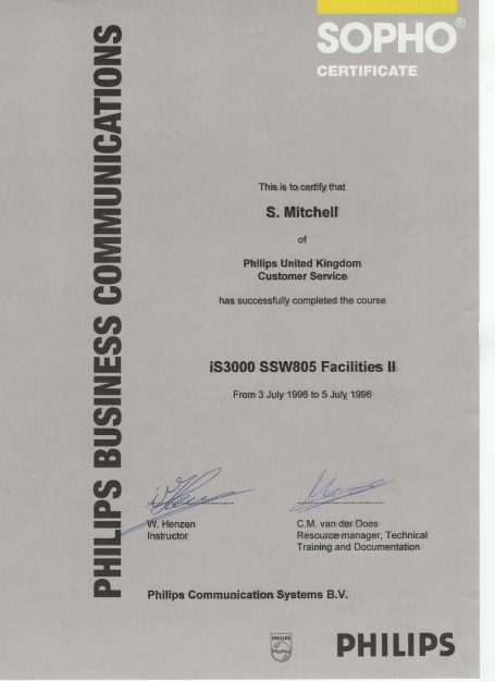 Certificate of achievement from Philips Business Communications, signed by two individuals.