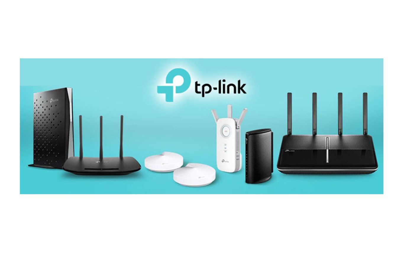 Various TP-Link networking devices on a teal background.