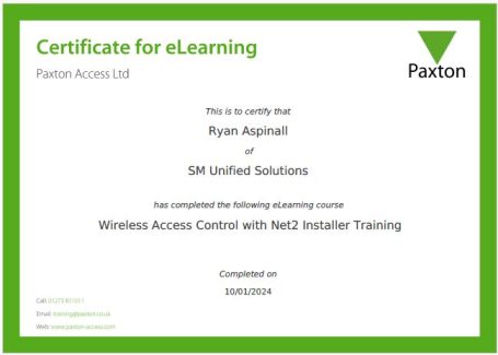 Certificate for eLearning completion in Wireless Access Control training.