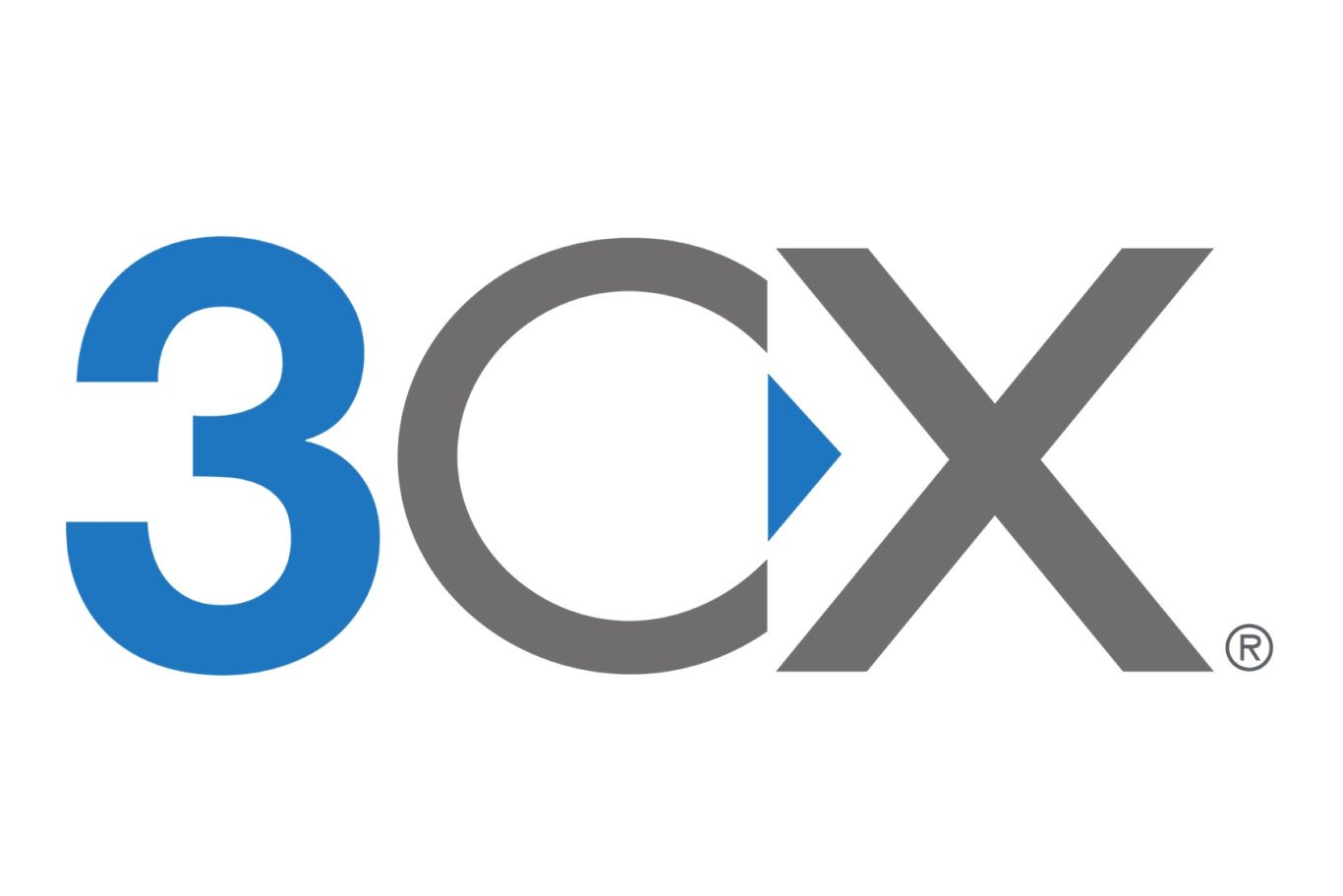 Logo of 3CX with stylised text featuring a blue "3" and gray "CX".