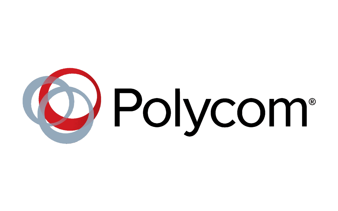Polycom logo featuring interlocking circles in red and blue, with the word "Polycom" in black.