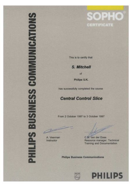 Certificate from Philips Business Communications awarded to G. Mitchell for Central Control Skills.