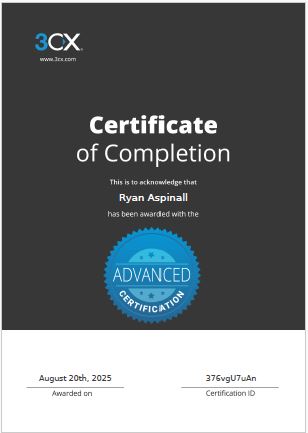 Certificate of completion awarded to Ryan Aspinall for advanced training on 30th August 2023.