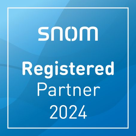 Snom Registered Partner badge for 2024 with blue background.