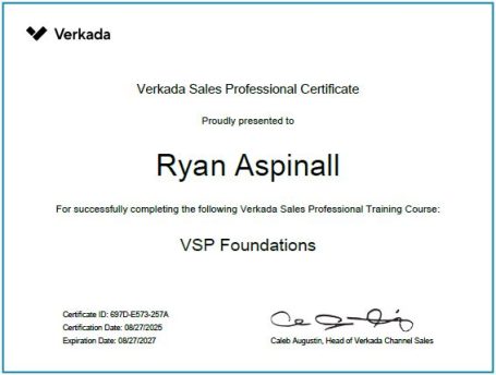 Certificate awarded to Ryan Aspinall for completing Verkada training course.