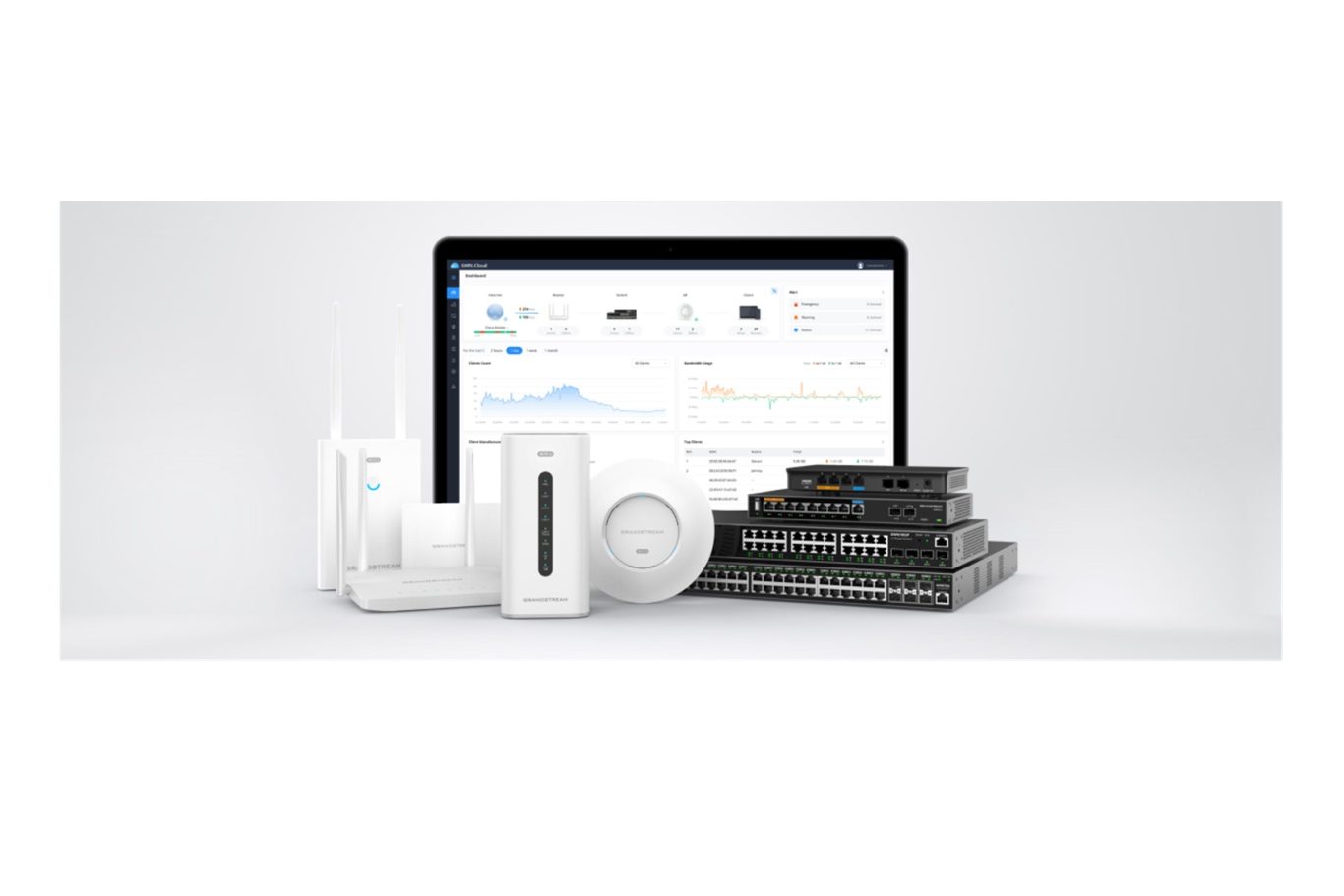 Collection of smart home devices including a tablet, sensors, and a router.