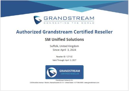Certificate from Grandstream, noting authorized reseller status for SM Unified Solutions.