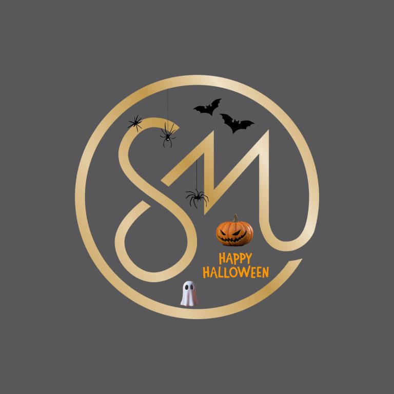 Logo featuring "SM" in gold with Halloween elements like a pumpkin and bats.