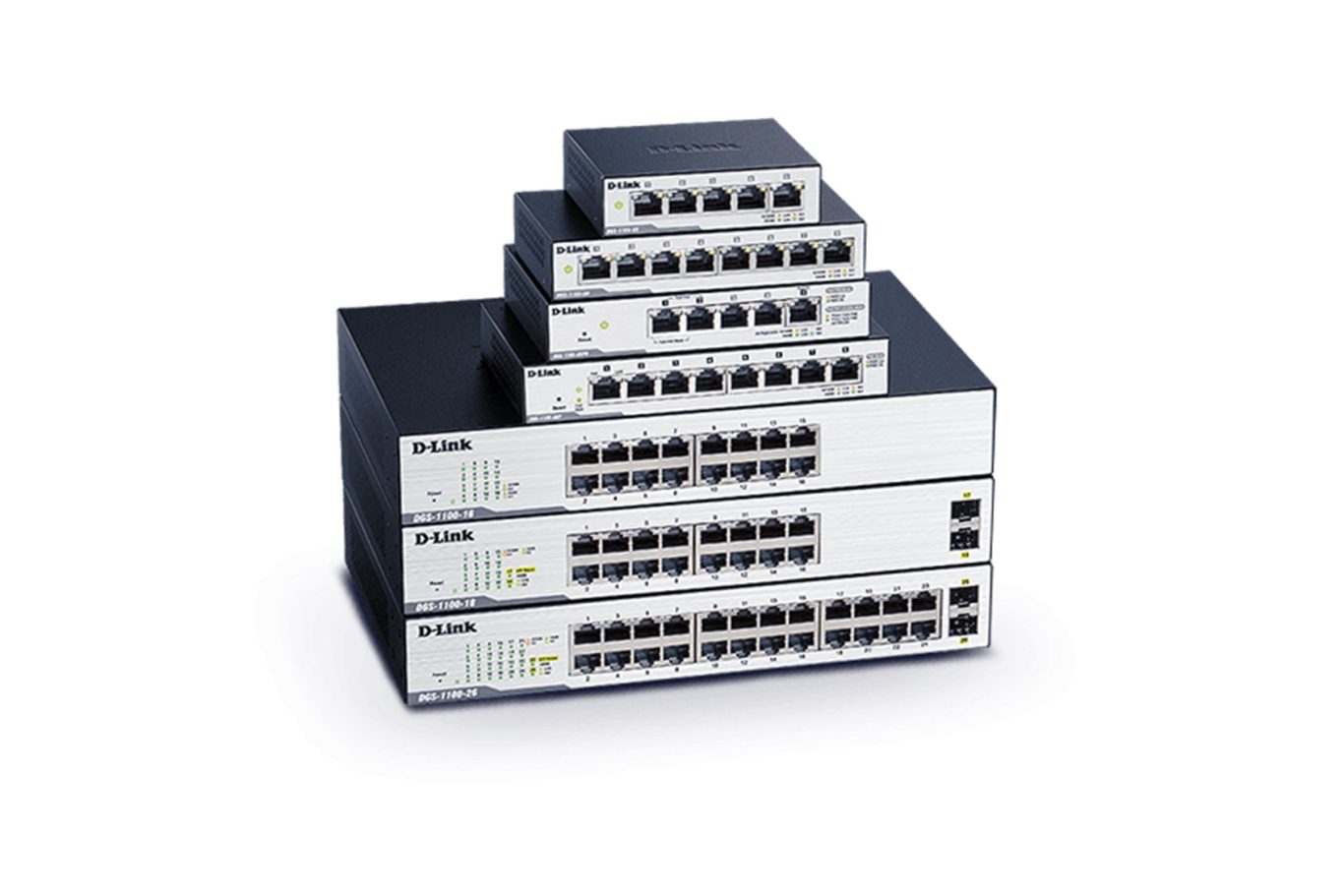 Five network switches stacked in decreasing size, grey with black accents.