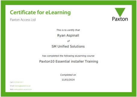 Certificate for eLearning awarded to 5M Unified Solutions for Paston IO Essential training.