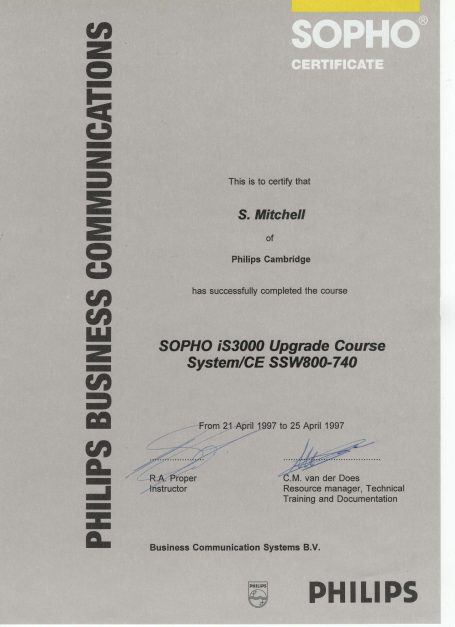 Certificate of completion for the SOPHO 6200 upgrade course from Philips Business Communications.